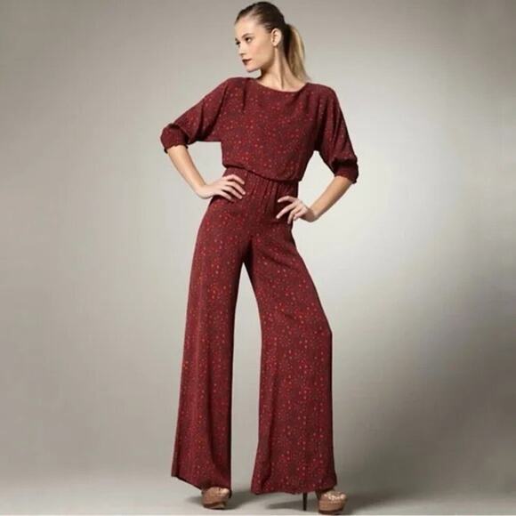ALICE & OLIVIA Leiby Wide Leg Jumpsuit in Bordeaux Dot Size Medium - Picture 1 of 11